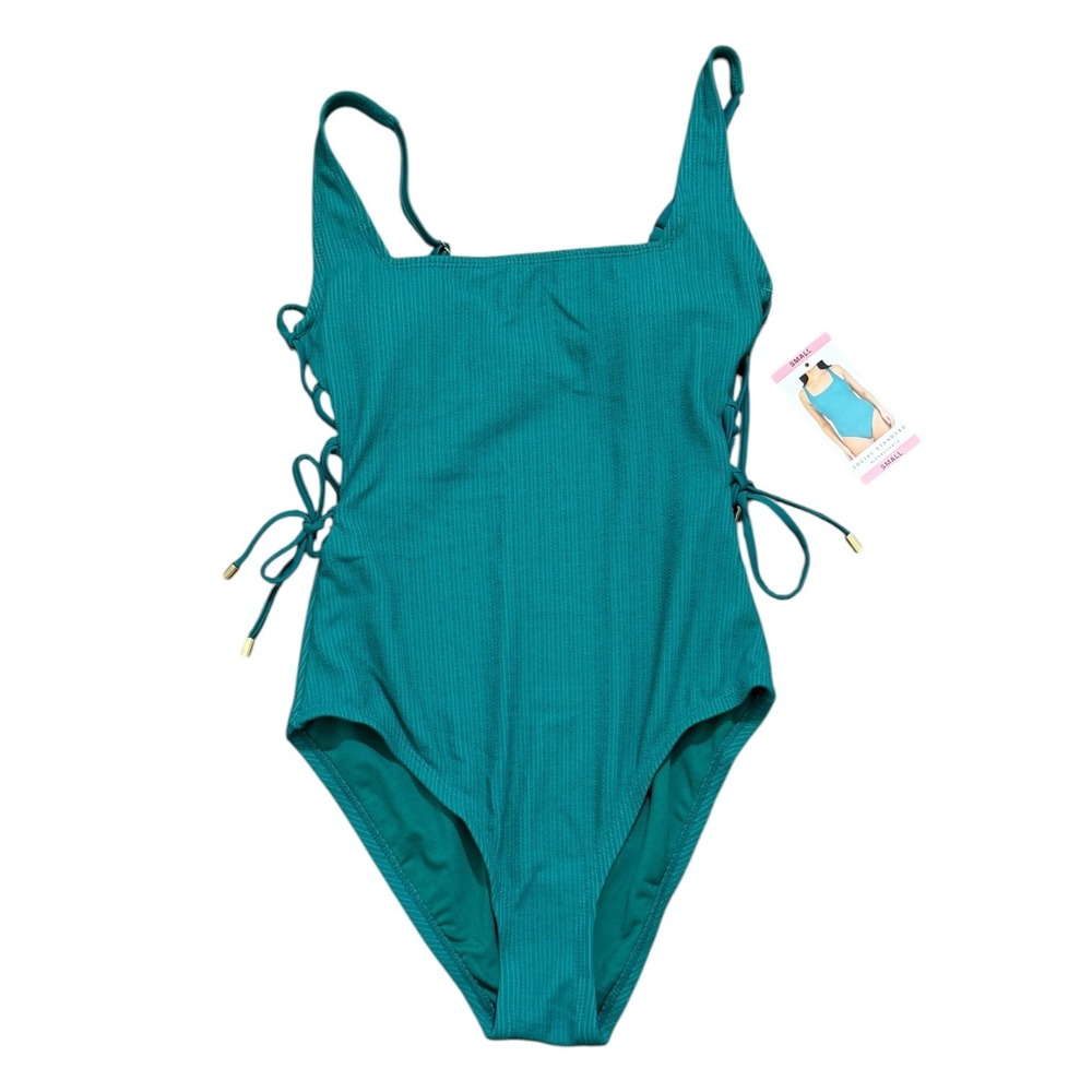 Social Standard by Sanctuary Ribbed Lace Up One Piece Teal Swimsuit SZ Small NWT